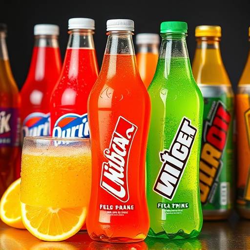 A collection of colorful sugary drinks including soda, juice, and an energy drink.