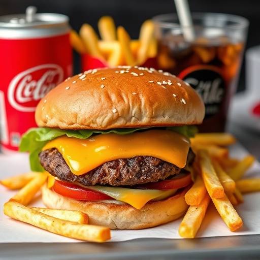 A typical fast food meal consisting of a hamburger, french fries, and a soda.