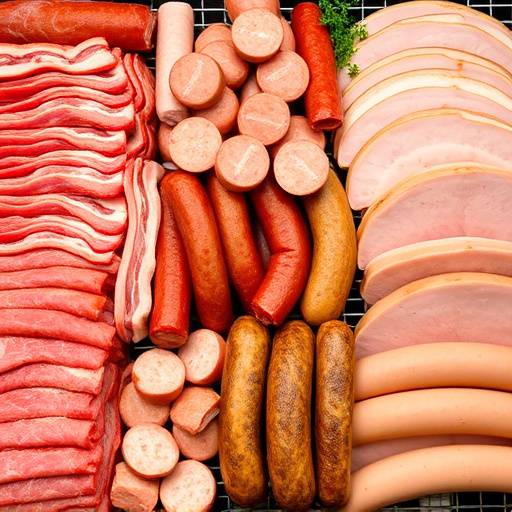 An assortment of processed meats including bacon, sausage, and deli meats.