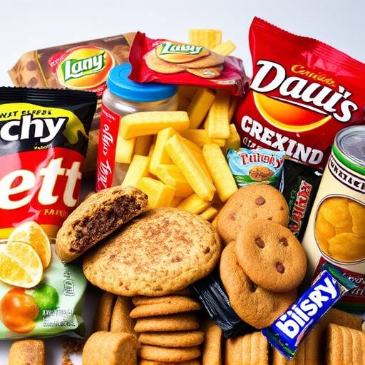 An assortment of unhealthy processed snacks including potato chips, cookies, and candy bars.